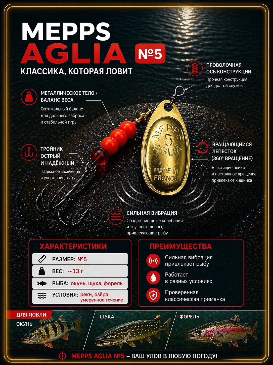 Блесна вращающаяся для рыбалки Mepps AGLIA №5 на щуку, окуня, форель