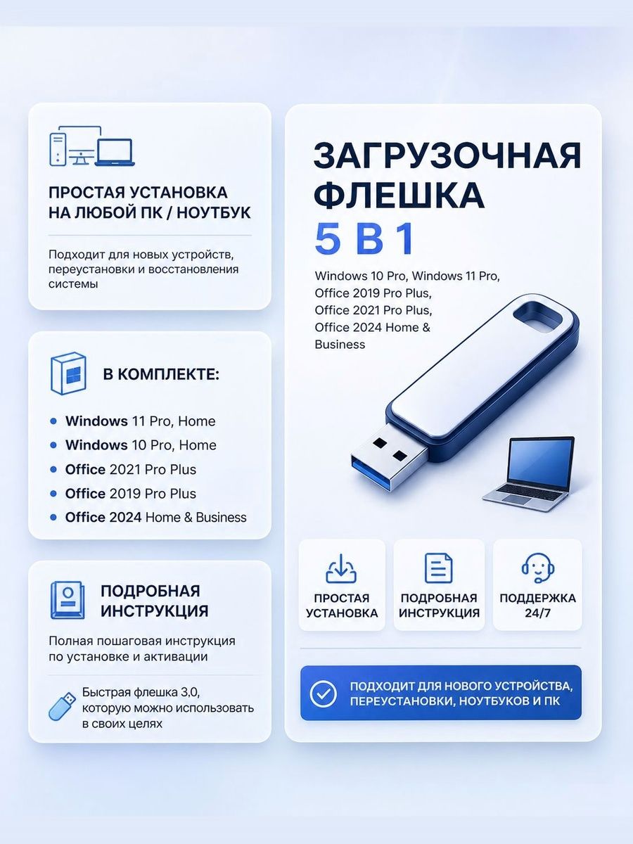 32 ГБ Карта памяти Загрузочная флешка Windows 10/11 + Office 2019-2021-2024