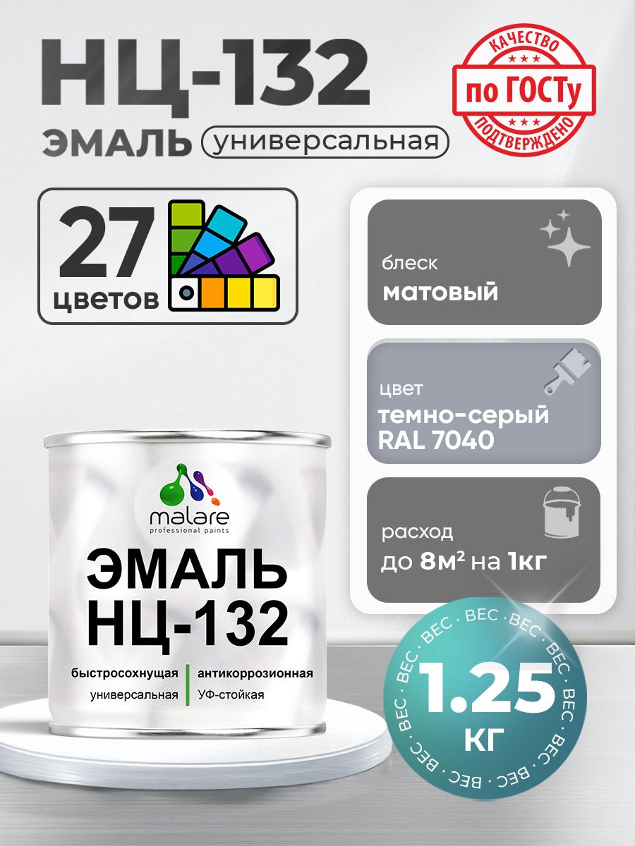 Эмаль Malare НЦ-132 краска для металла, минеральных поверхностей для внутренних и наружных работ антикоррозионная быстросохнущая RAL 7040, темно-серый, матовая, 1,25 кг