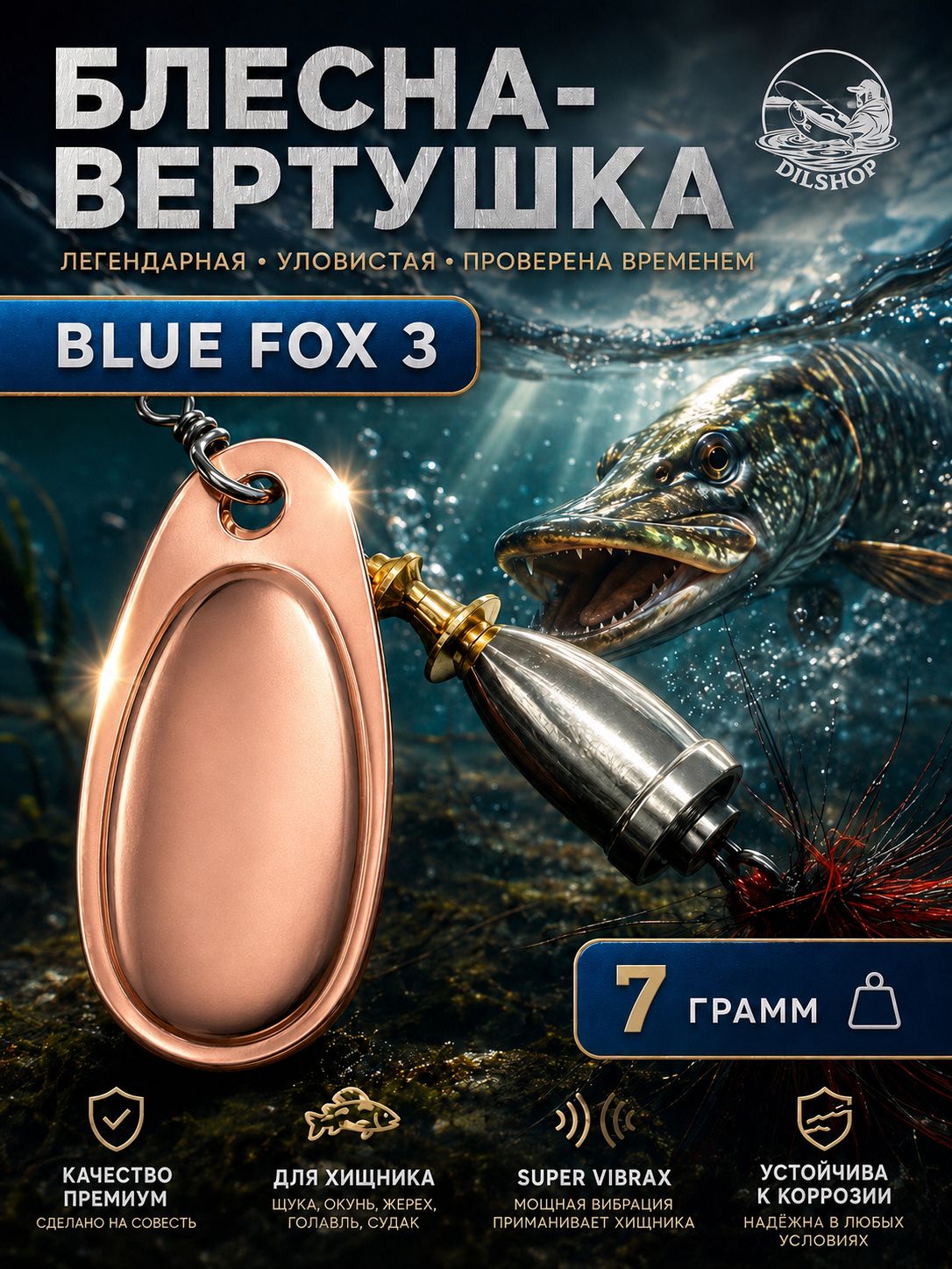 Блесна BLUE FOX № 3 с мушкой на щуку, жереха, судака