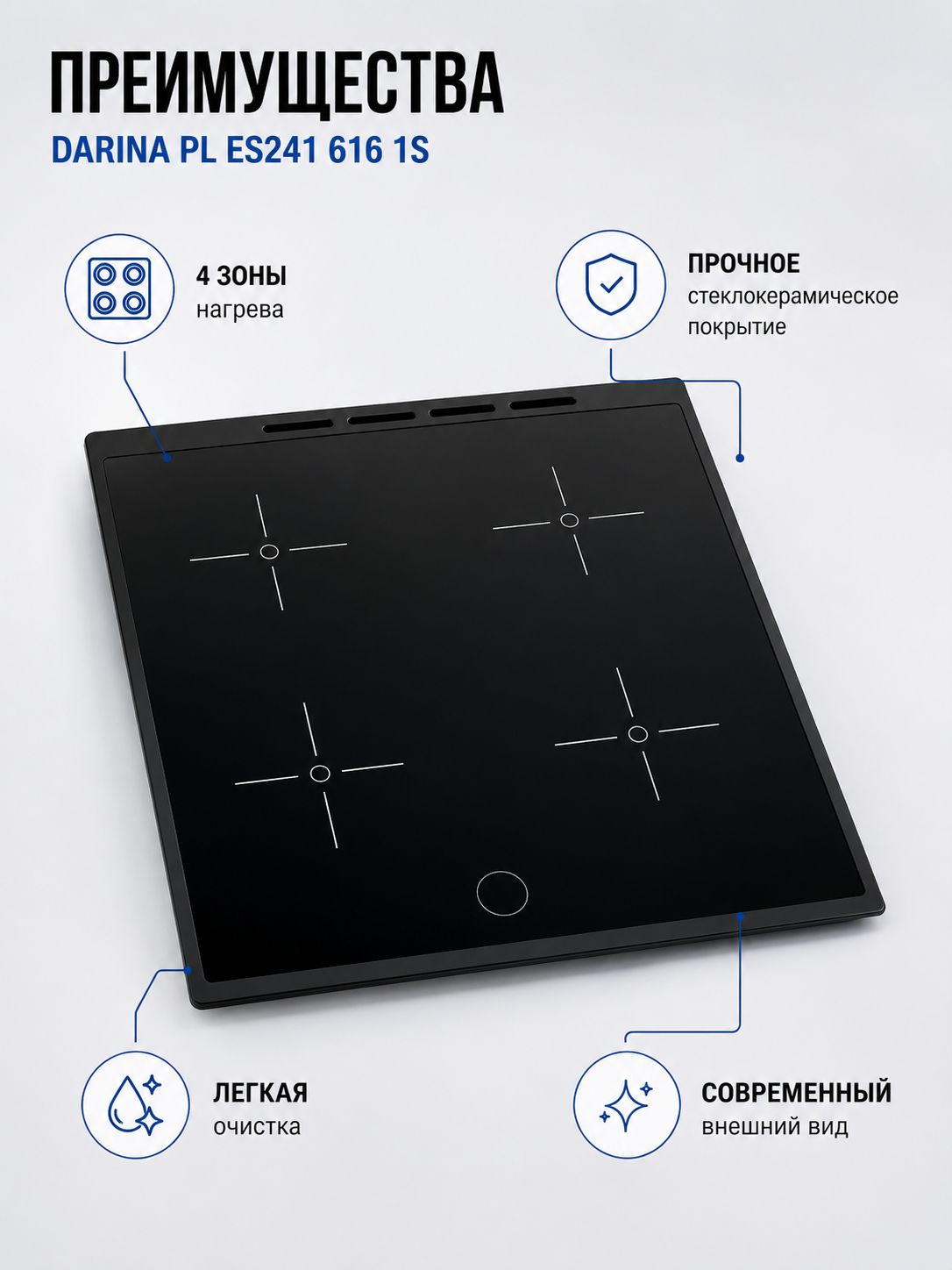 Стеклокерамическая поверхность DARINA PL ES241 616 1S черная 500 600 мм для электрической плиты, рисунок конфорок кресты, 4 зоны нагрева