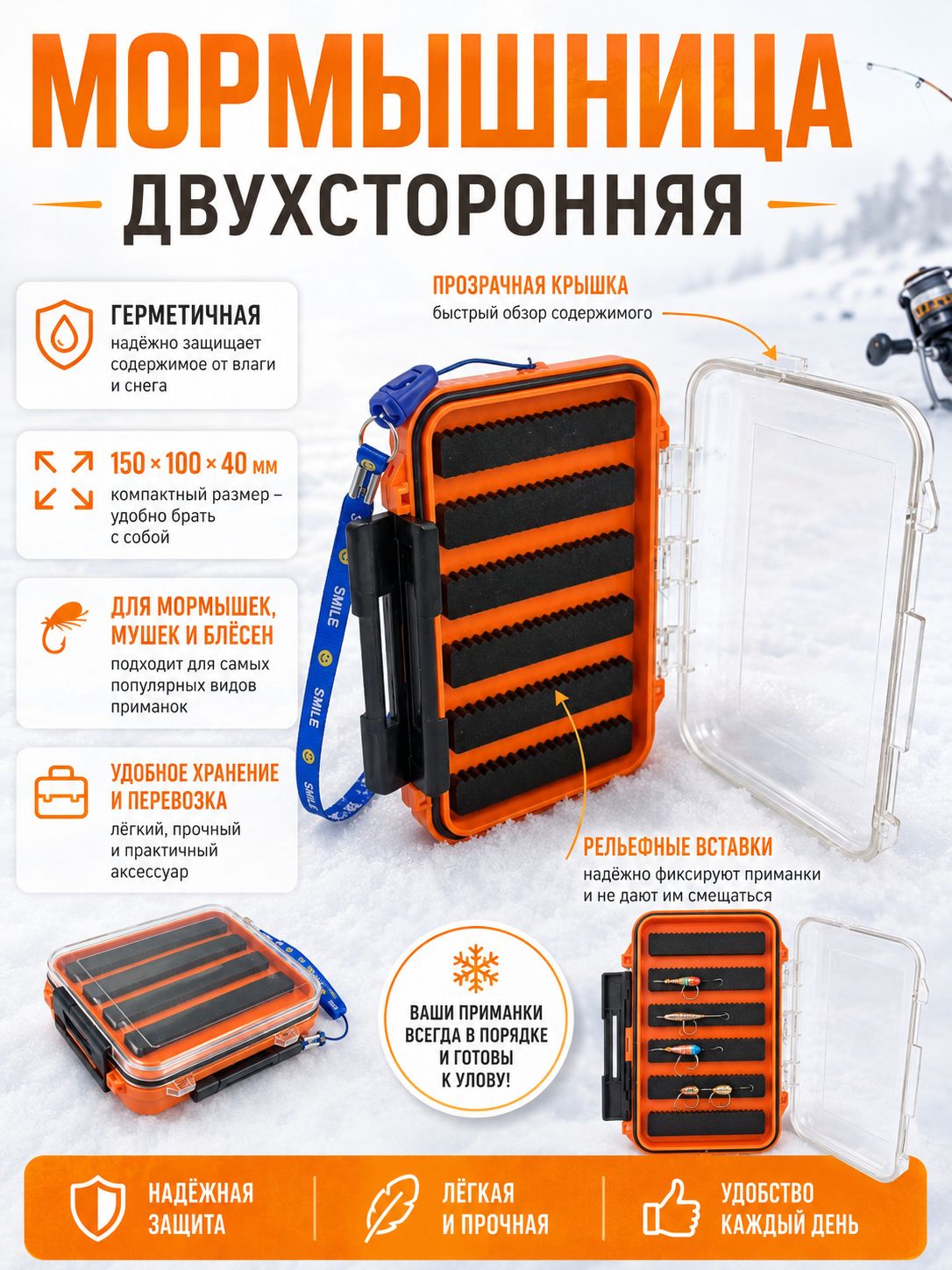 Коробка рыболовная, органайзер для хранения мормышек, мушек, блесен двухсторонняя 150x100x40