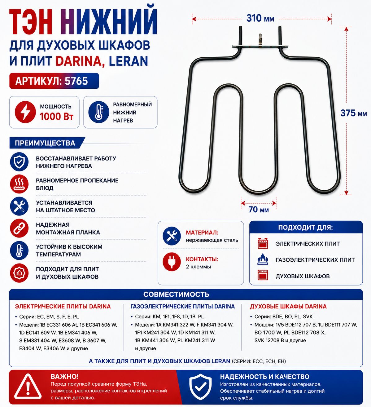 ТЭН нижний духовки 5765 для плит и духовых шкафов Darina, Leran, нагревательный элемент нижнего нагрева