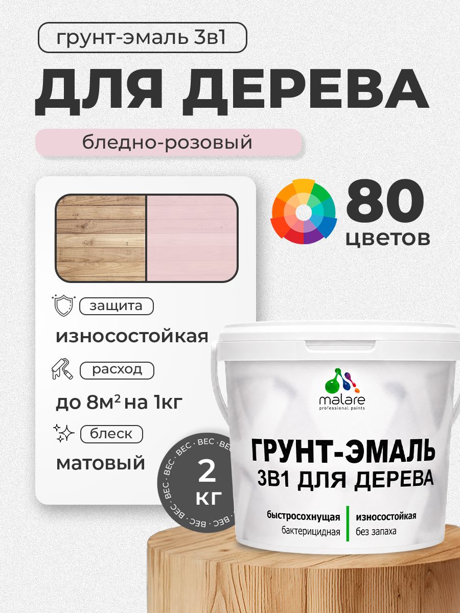 Акриловая Грунт-Эмаль 3 в 1 Malare для деревянных поверхностей с антисептическим эффектом, быстросохнущая, моющаяся без запаха матовая, бледно-розовый, 2 кг