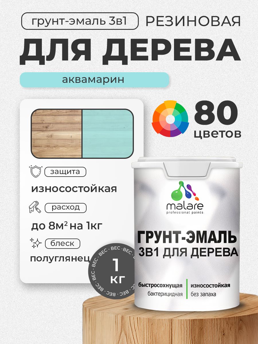 Латексная Грунт-Эмаль 3 в 1 Malare для деревянных поверхностей с антисептическим эффектом, быстросохнущая моющаяся без запаха полуглянцевая, аквамарин, 1 кг