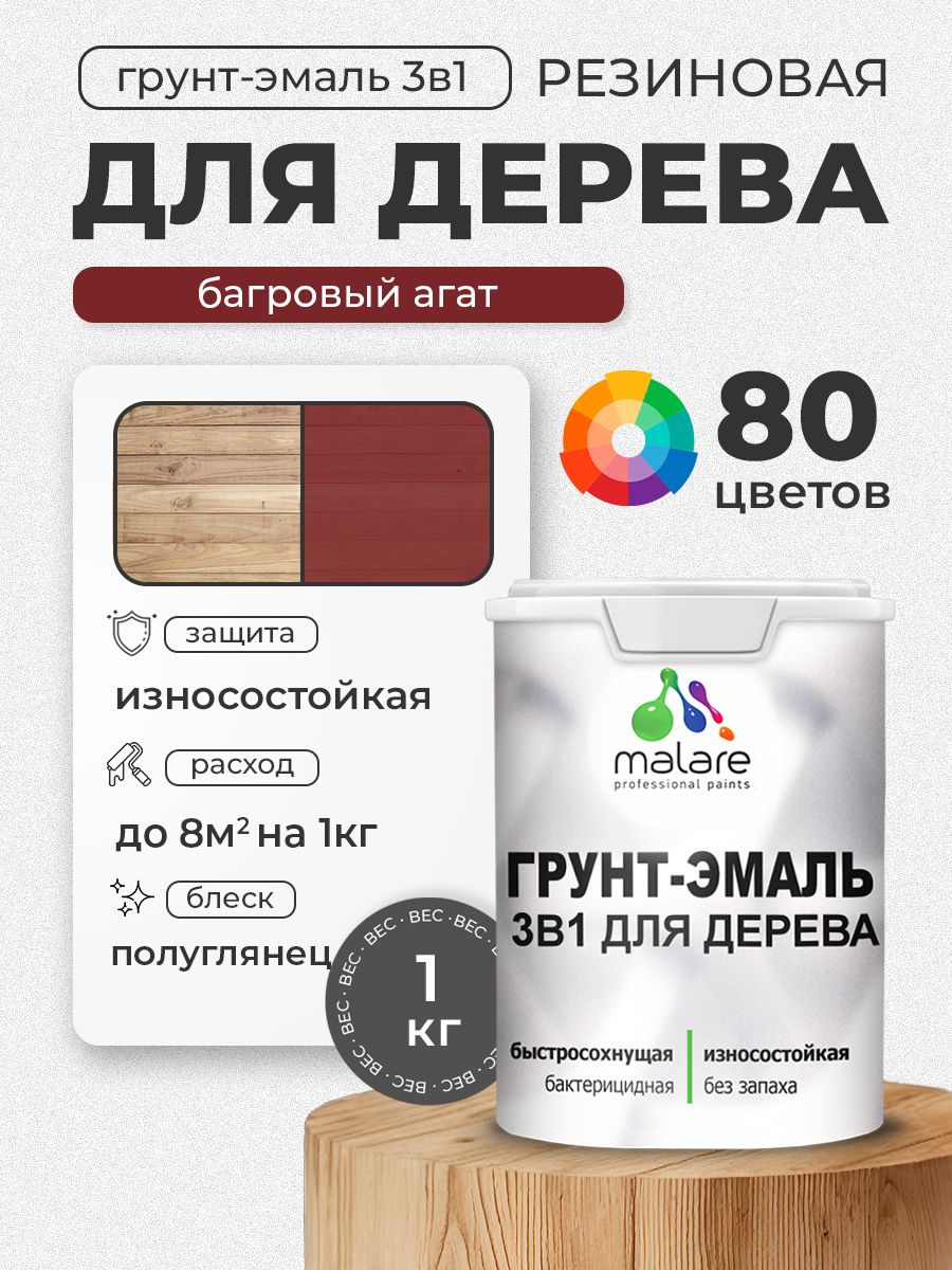Латексная Грунт-Эмаль 3 в 1 Malare для деревянных поверхностей с антисептическим эффектом, быстросохнущая моющаяся без запаха полуглянцевая, багровый агат, 1 кг