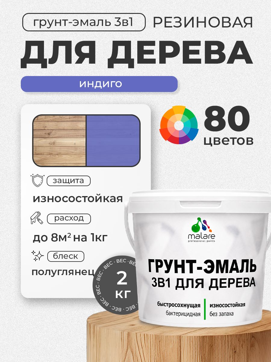 Латексная Грунт-Эмаль 3 в 1 Malare для деревянных поверхностей с антисептическим эффектом, быстросохнущая моющаяся без запаха полуглянцевая, индиго, 2 кг