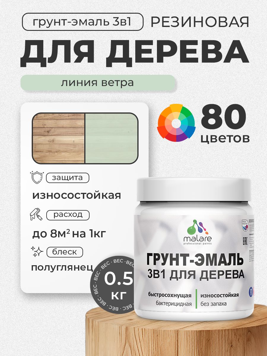Латексная Грунт-Эмаль 3 в 1 Malare для деревянных поверхностей с антисептическим эффектом, быстросохнущая моющаяся без запаха полуглянцевая, линия ветра, 0.5 кг