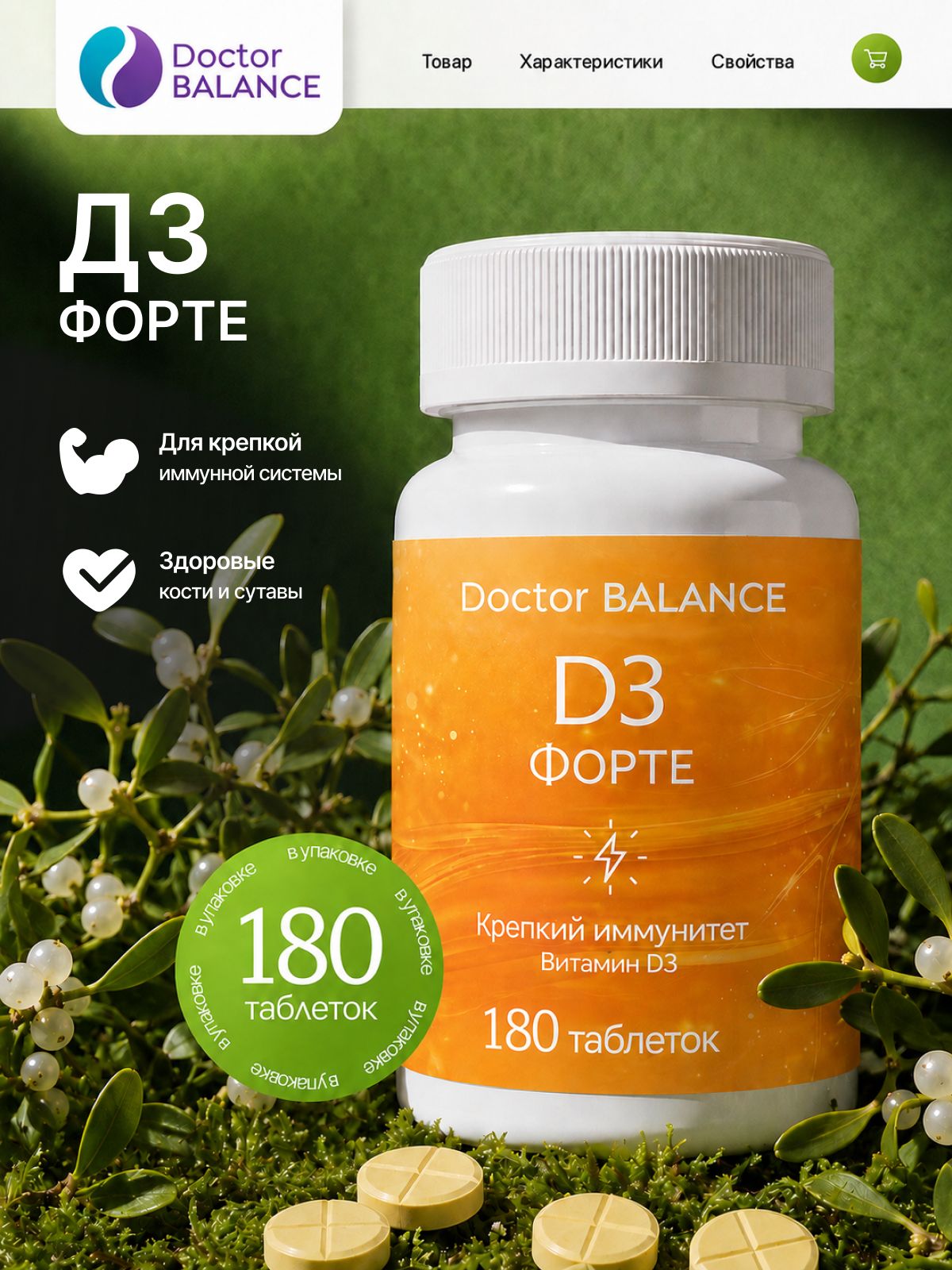 Комплекс с витамином D3 Doctor Balance Витамин D3 Форте в таблетках 180 таблеток.