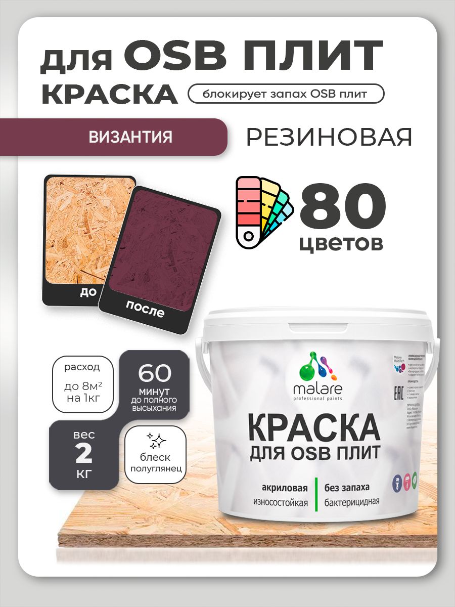 Резиновая краска для ОСБ плит Malare акриловая краска для дерева для наружных и внутренних работ, быстросохнущая без запаха полуглянцевая, византия, 2 кг
