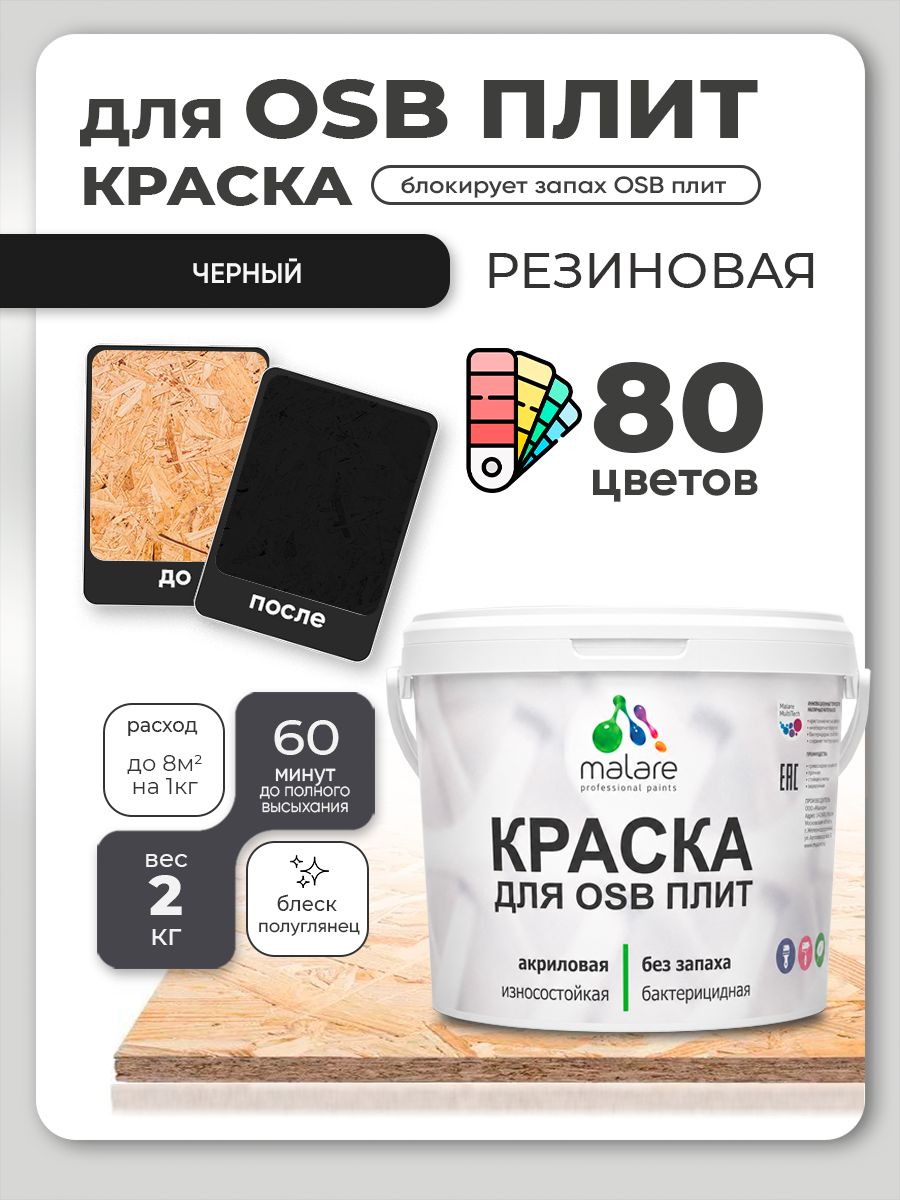 Резиновая краска для ОСБ плит Malare акриловая краска для дерева для наружных и внутренних работ, быстросохнущая без запаха полуглянцевая, черный, 2 кг