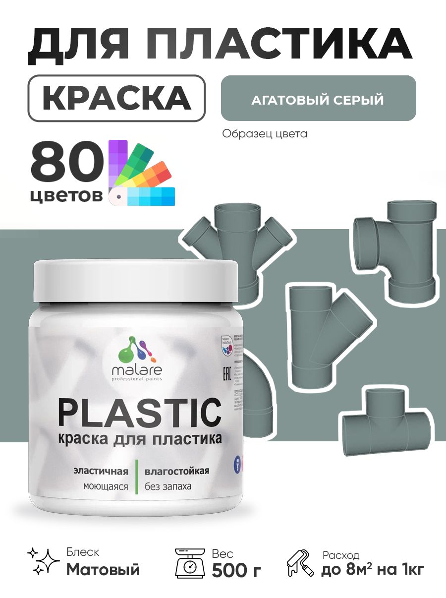 Акриловая краска для пластика Malare Plastic для пенопласта ПВХ сайдинга, для подоконников и откосов, быстросохнущая без запаха, матовая, агатовый серый, 0.5 кг