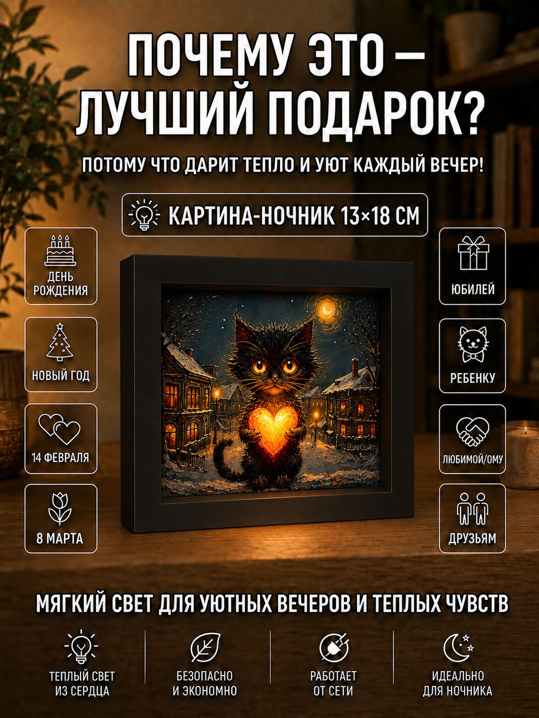 Котик с сердечком в снежном городе