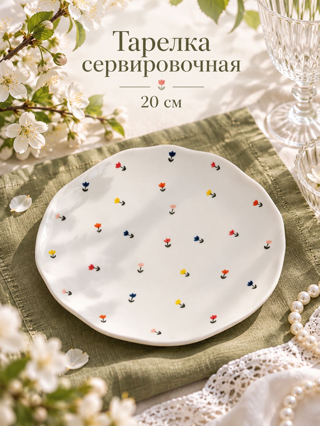 Тарелка сервировочная 20 см, "Уютный дом. Тюльпаны", керамическая