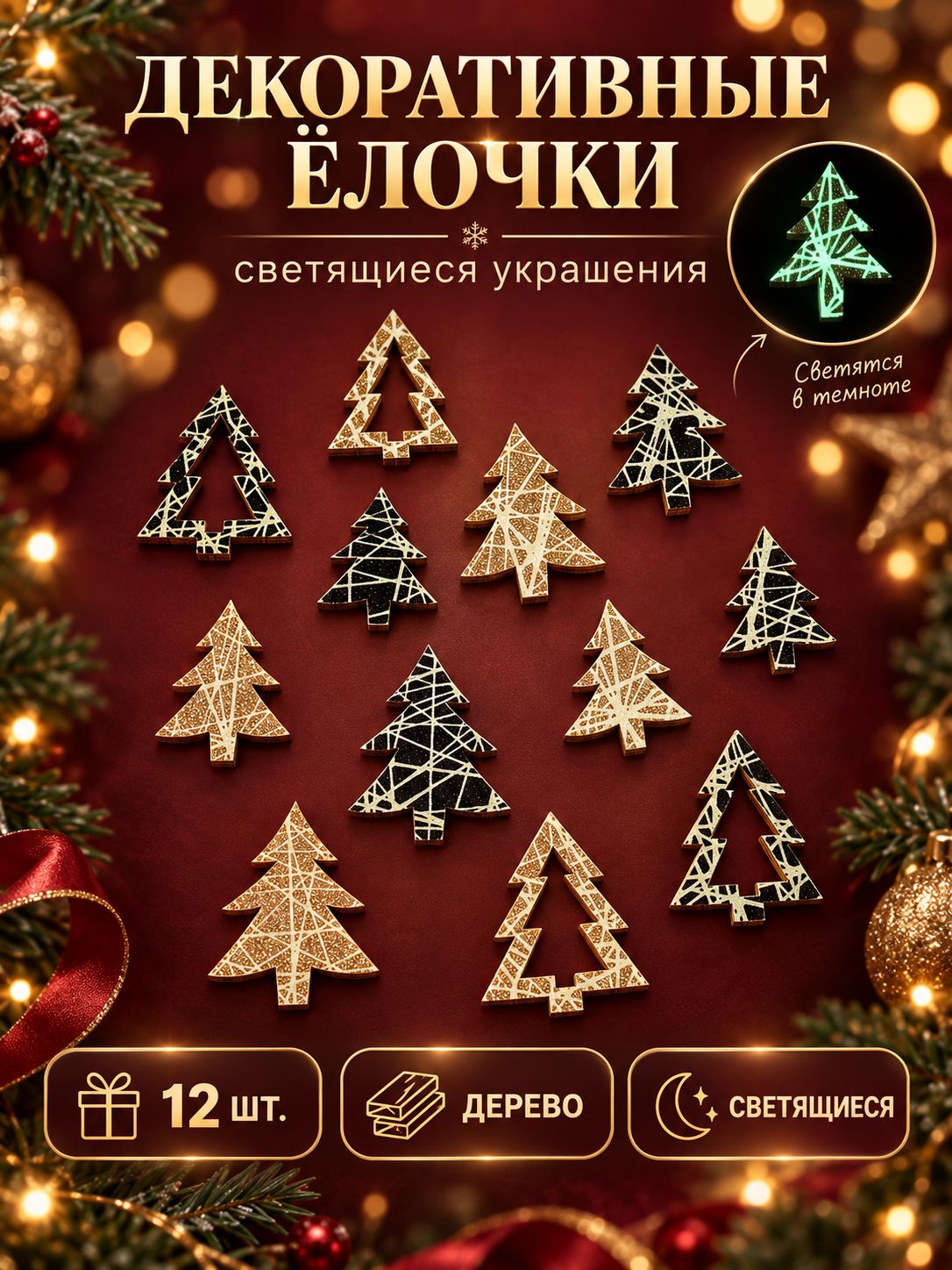 Новогодний декор "Елочка" / С подсветкой / Набор 12 шт.