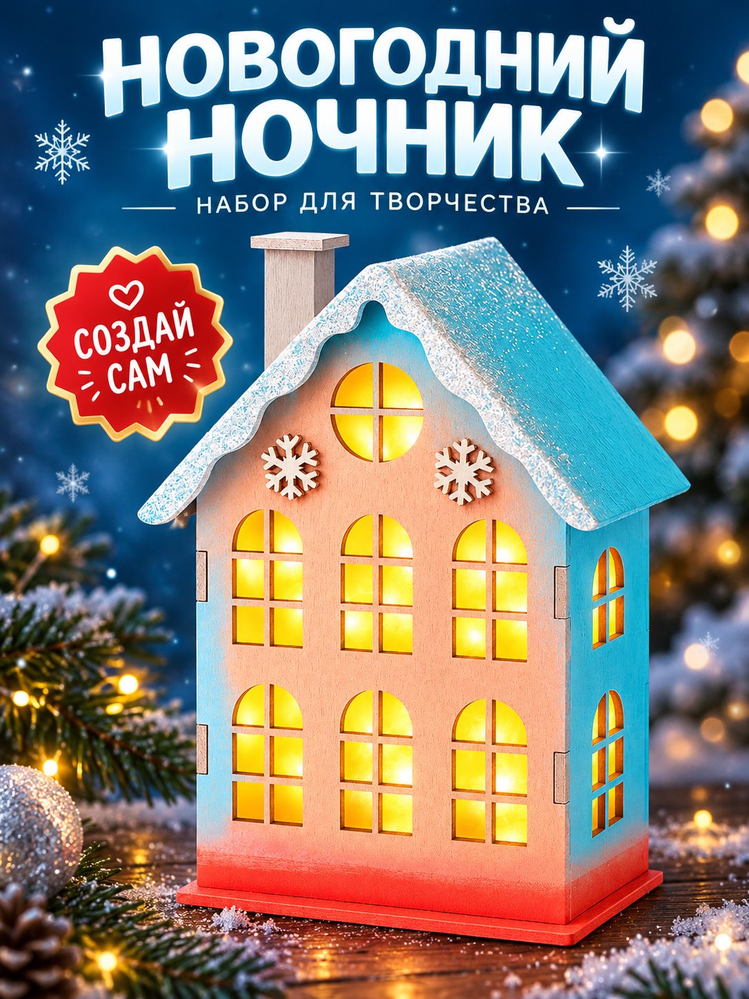 Набор для творчества, "Снежный домик", 19 см, деревянный, ночник своими руками, новогодний подарок для детей 2027