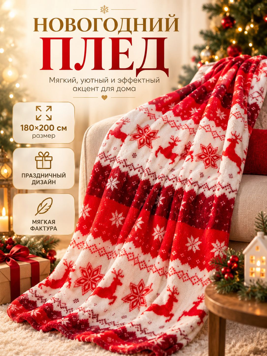 Плед новогодний на диван 180x200 см, "Новогодний олень", Корал-флис