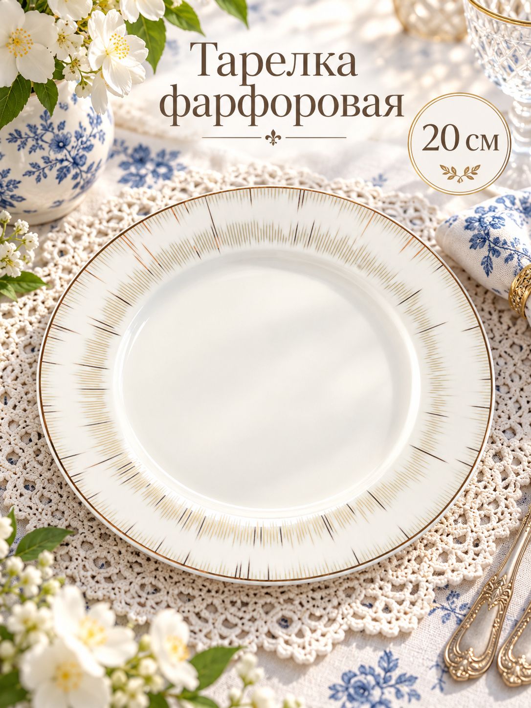 Тарелка плоская 20 см, WY "Golden rays", премиум-фарфор, десертная, сервировочная