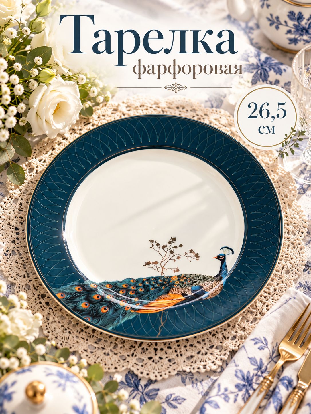 Тарелка плоская 26,5 см, WY "Royal bird", премиум-фарфор, обеденная, сервировочная