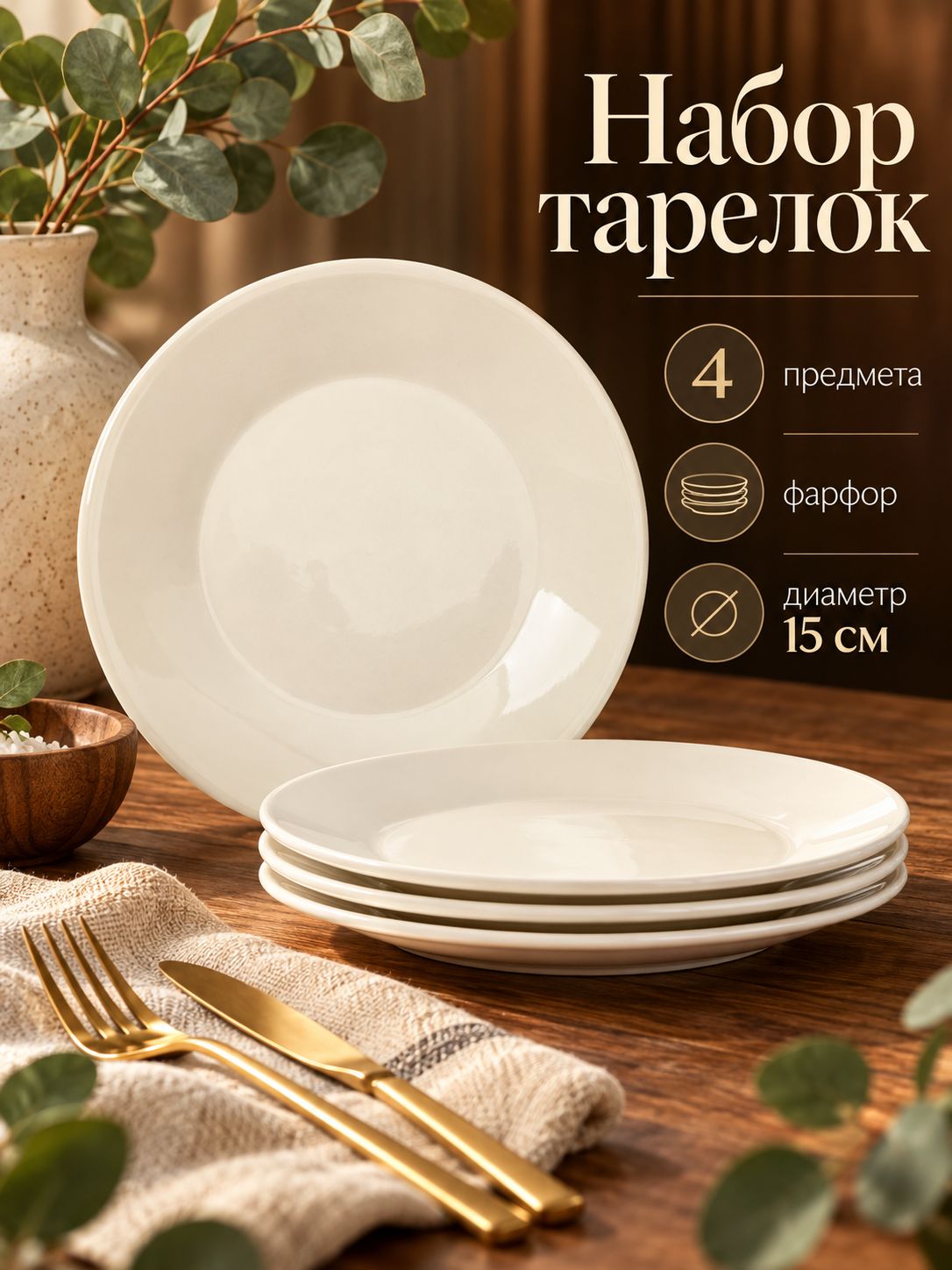 Набор тарелок, 15 см, 4 шт, Доляна "White Label", тарелки плоские, десертные, фарфоровые