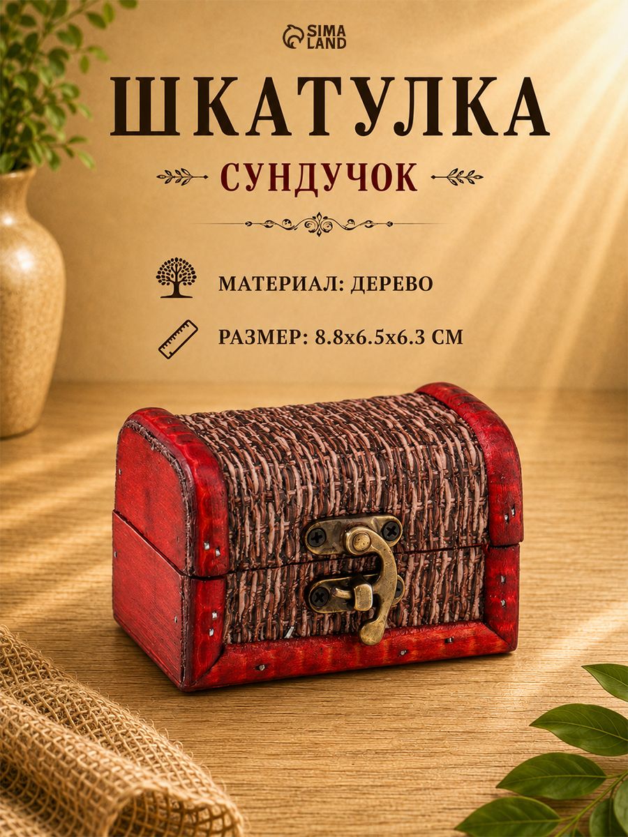 Шкатулка для украшений Сундучок. Плетёнка , дерево, 6.3 8.8 6.5 см