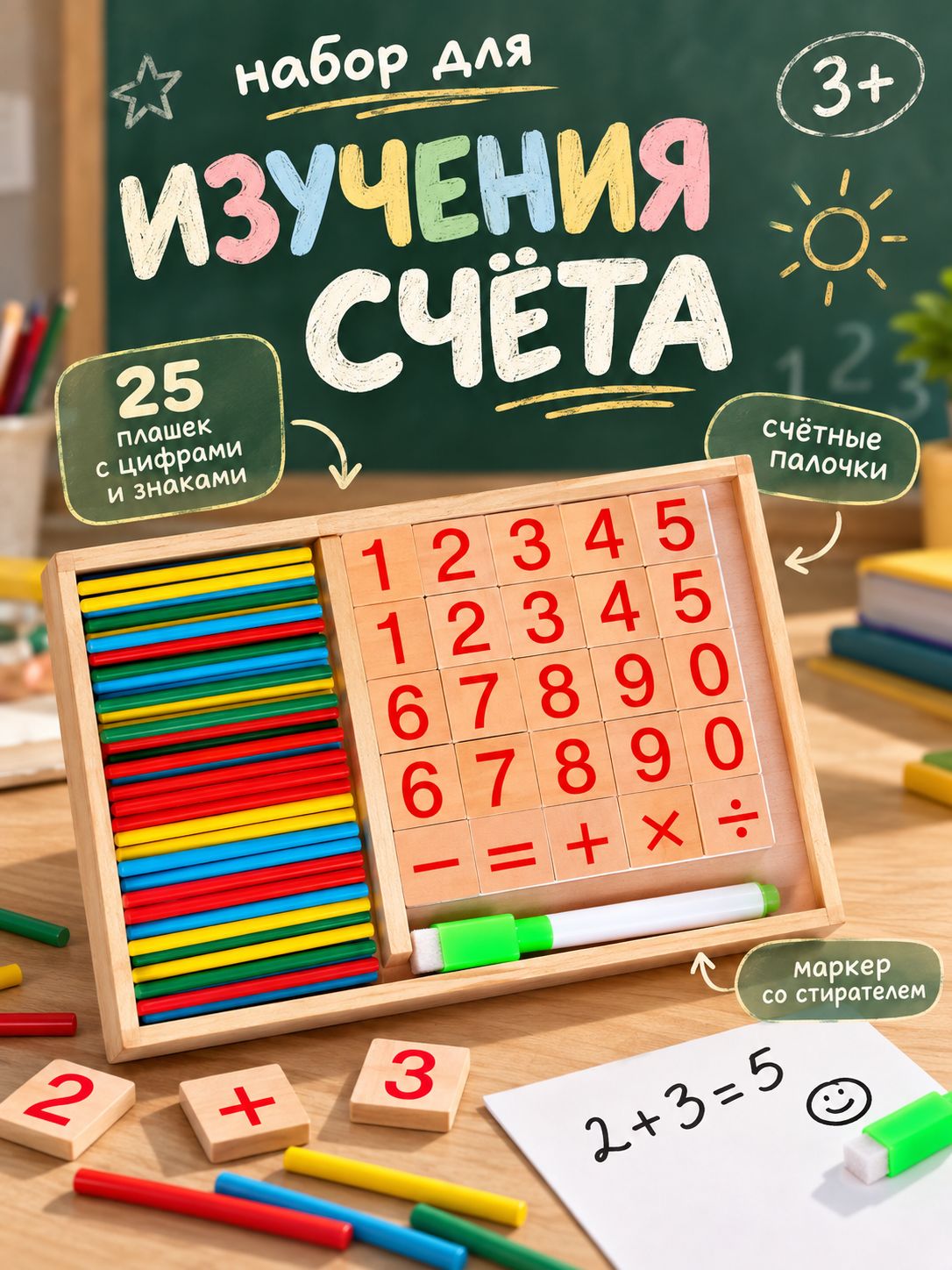 Набор для изучения счета Лесная мастерская "Начинаем считать", палочки, плашки, досочка и маркер, деревянный