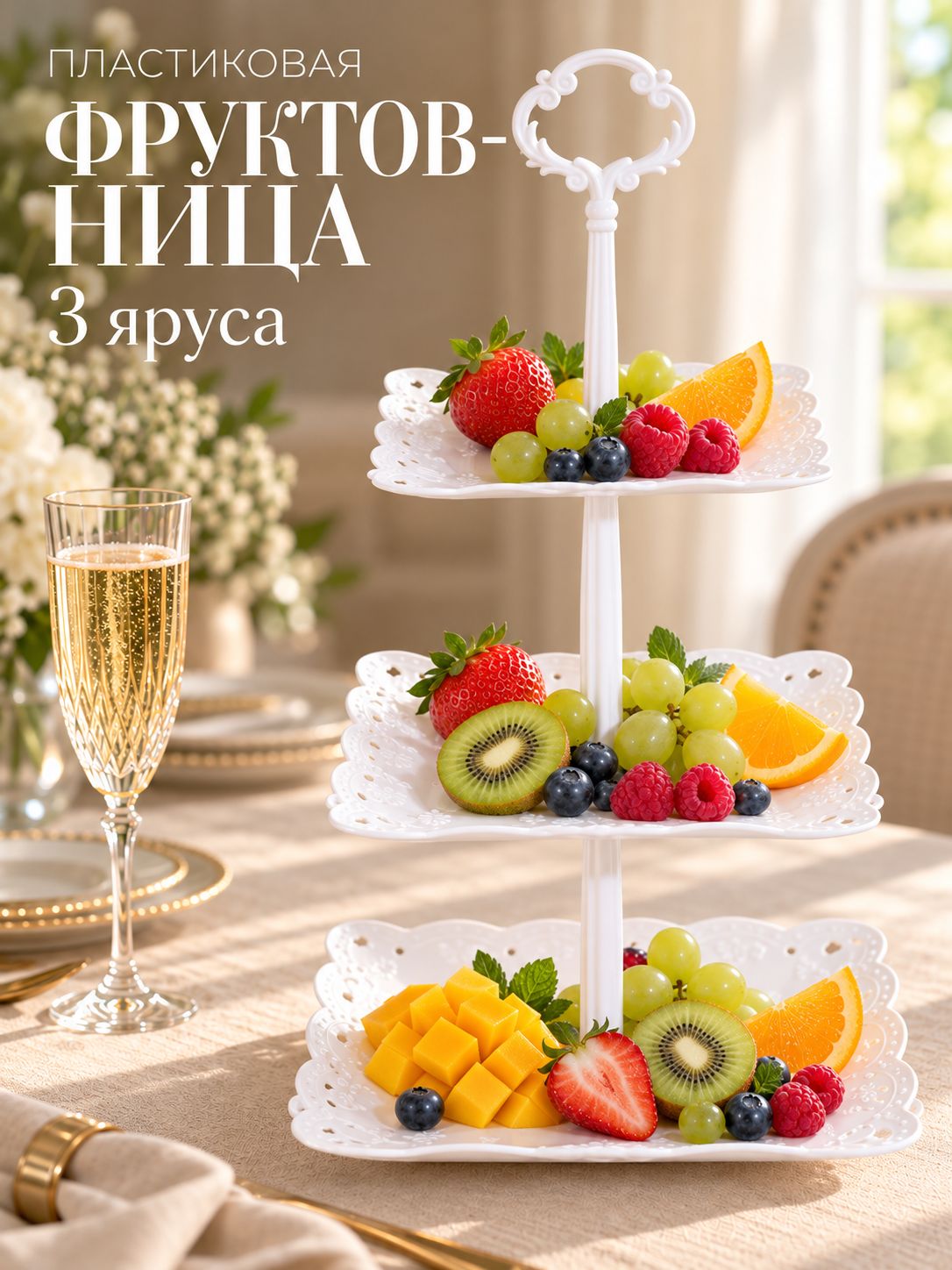 Блюдо сервировочное для подачи фруктов, пирожных 3-х ярусное Вивьен