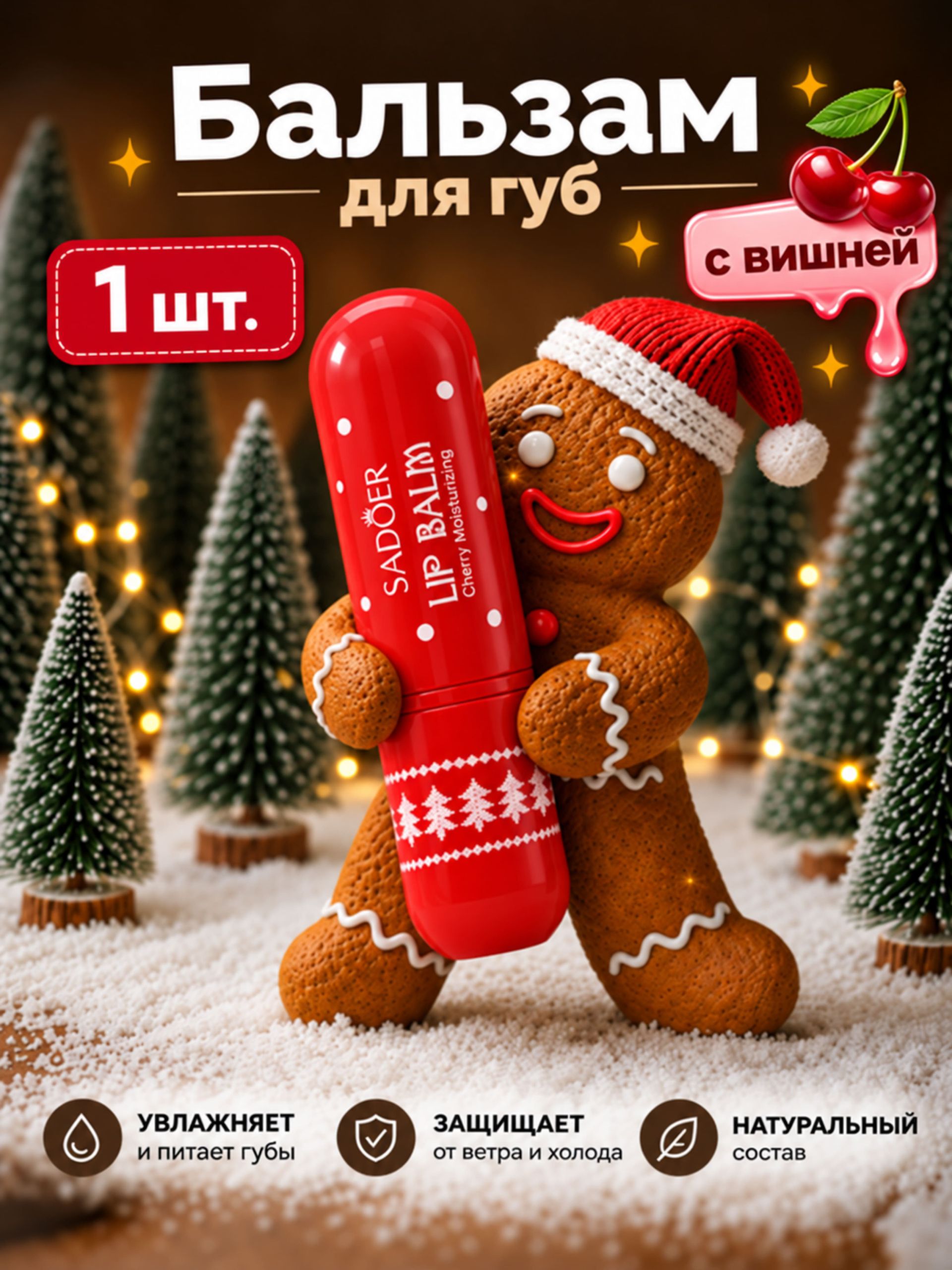 Бальзам для губ новогодний, с вишней, Sadoer, 3.8 г