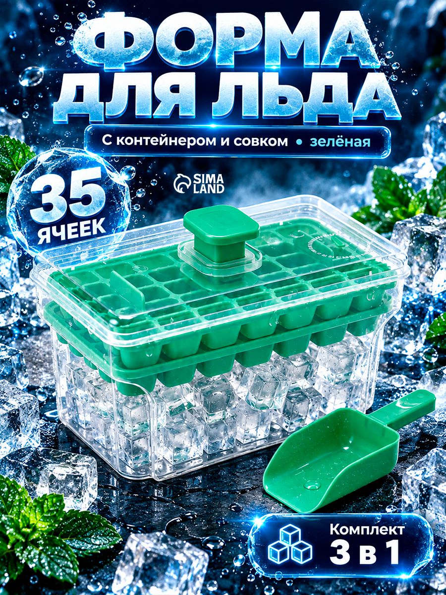 Форма для льда с контейнером и совком, 20 12 11 см, пластик, зелёная