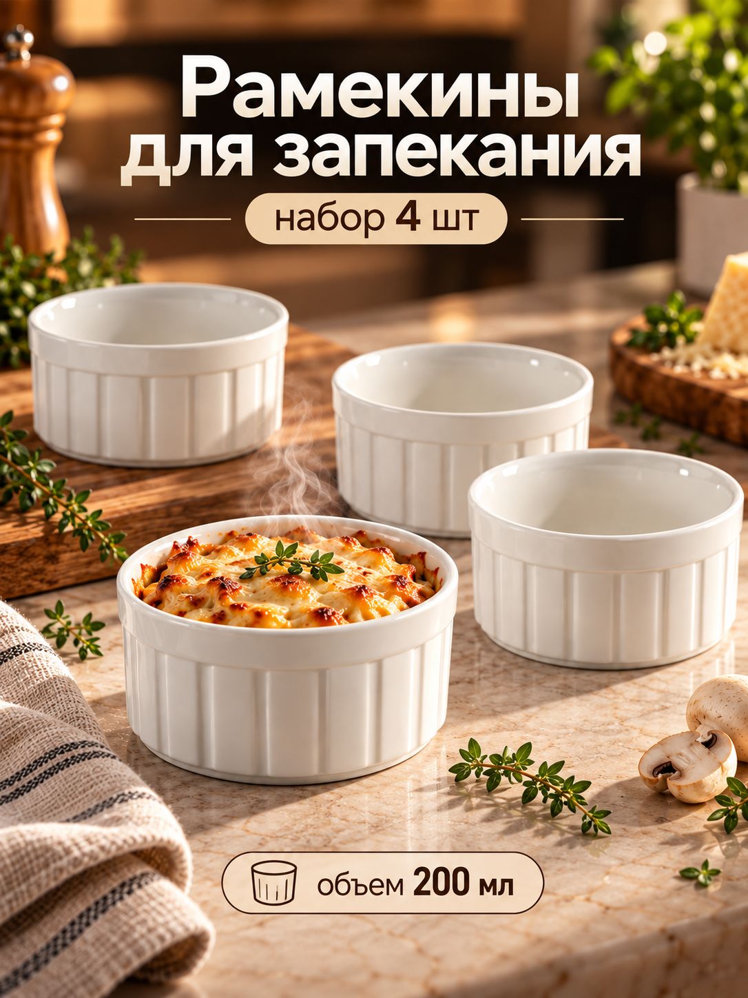 Кокотница 4 шт, 200 мл, рамекин, форма для запекания