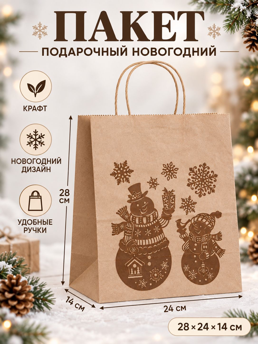 Пакет подарочный новогодний 28 х 24 х 14 см