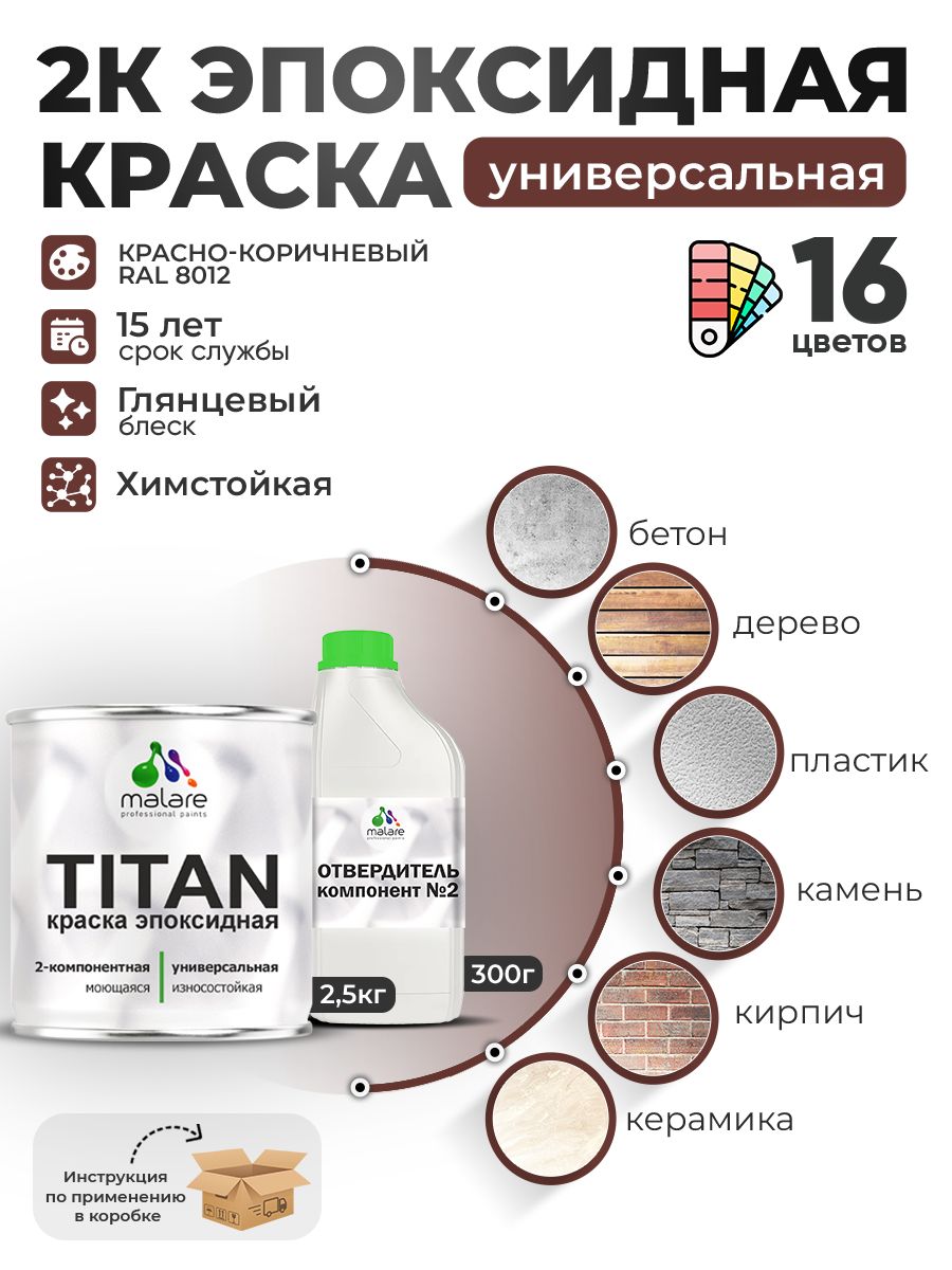 2К Эпоксидная краска Malare TITAN универсальная, двухкомпонентная влагостойкая высокопрочная износостойкая, RAL 8012 красно-коричневый, глянцевая, (2,5 кг + 0,3кг отвердитель)