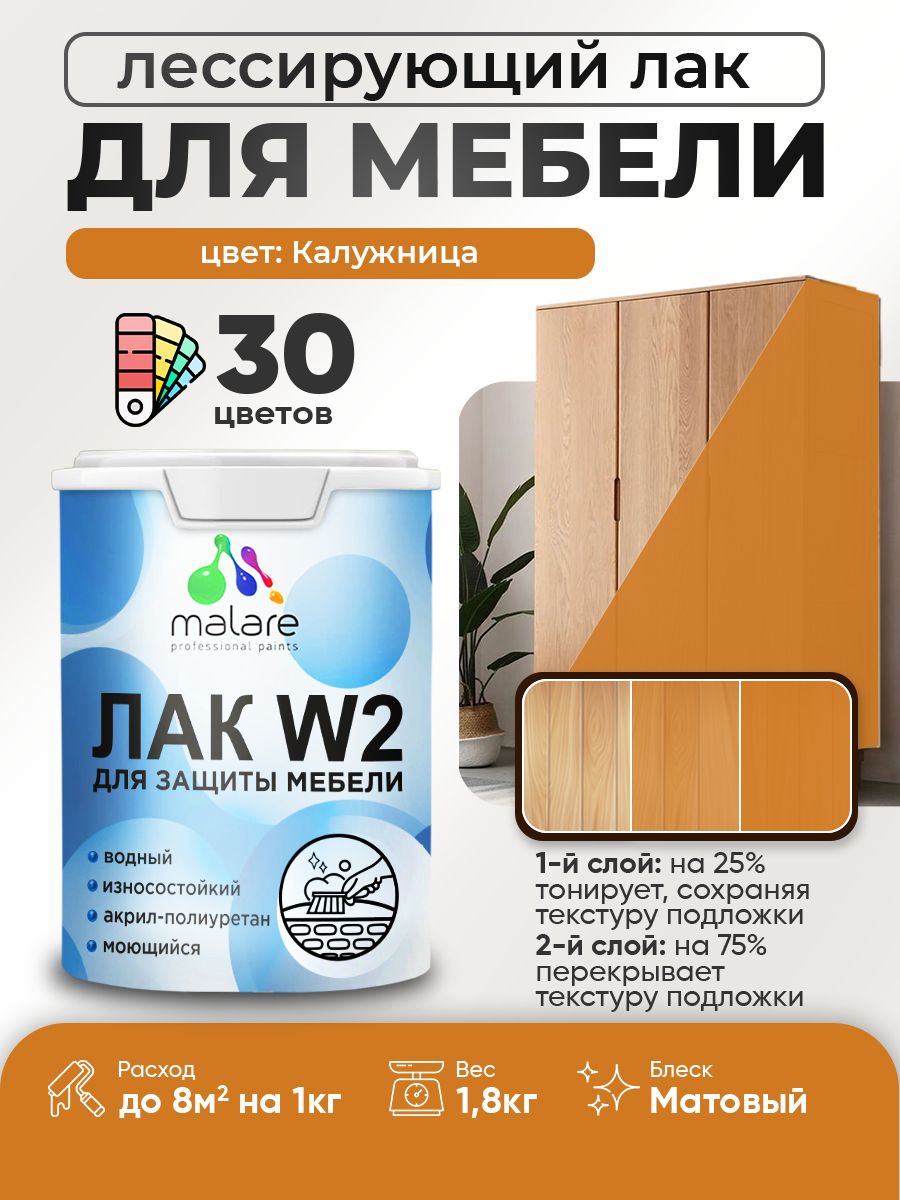 Лак колерованный тонирующий лак для мебели Malare W2 для кухонных фасадов, для дерева и минеральных поверхностей, акриловый быстросохнущий без запаха, матовый, калужница, 1.8 кг.