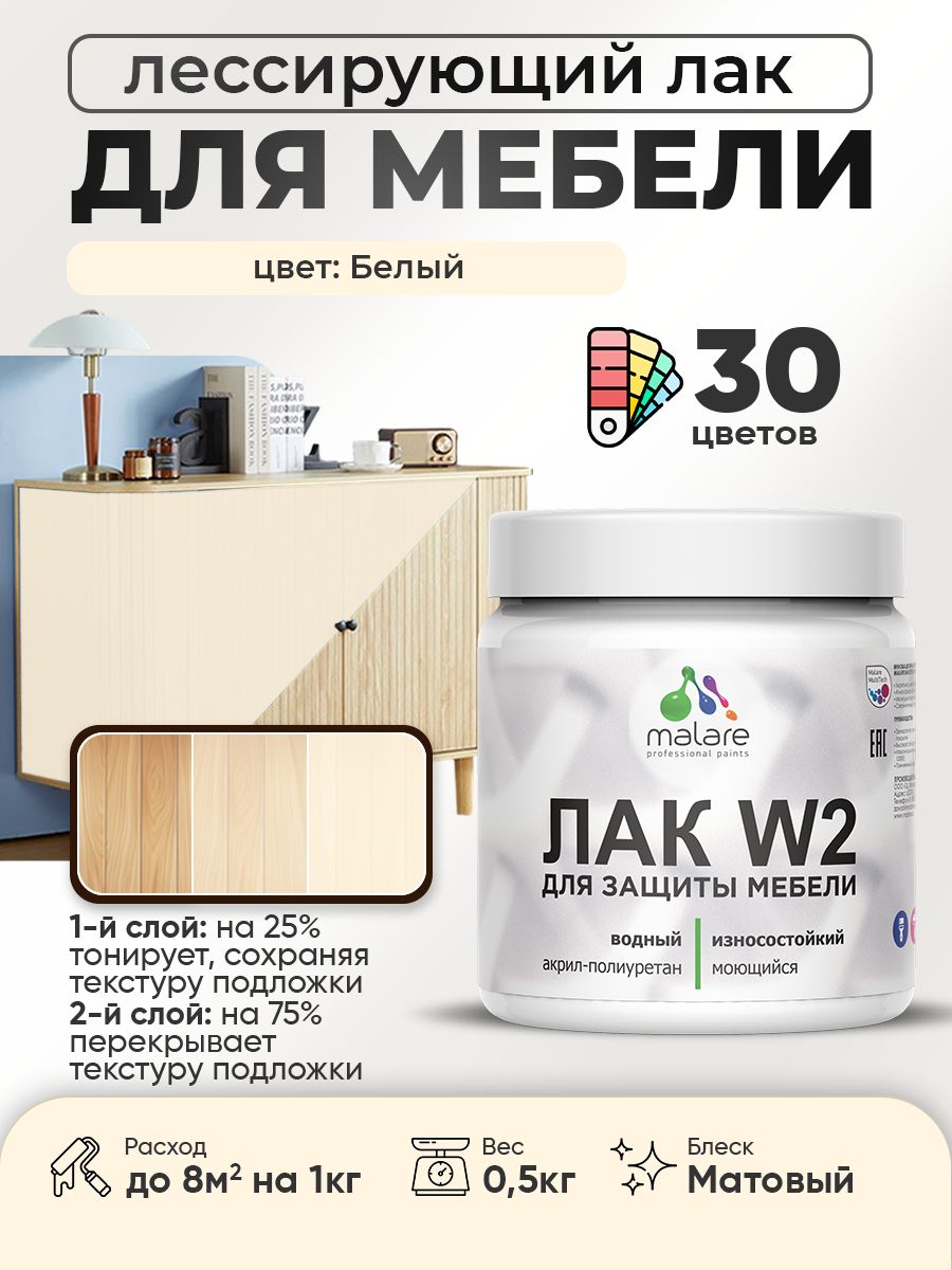 Лак колерованный тонирующий лак для мебели Malare W2 для кухонных фасадов, для дерева и минеральных поверхностей, акриловый быстросохнущий без запаха, матовый, белый, 0.5 кг.