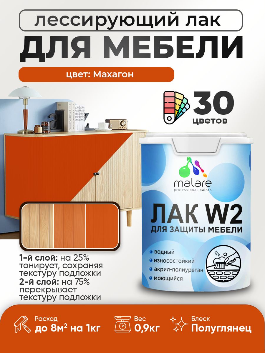 Лак колерованный тонирующий лак для мебели Malare W2 для кухонных фасадов, для дерева и минеральных поверхностей, акриловый быстросохнущий без запаха, полуглянцевый, махагон, 0.9 кг.