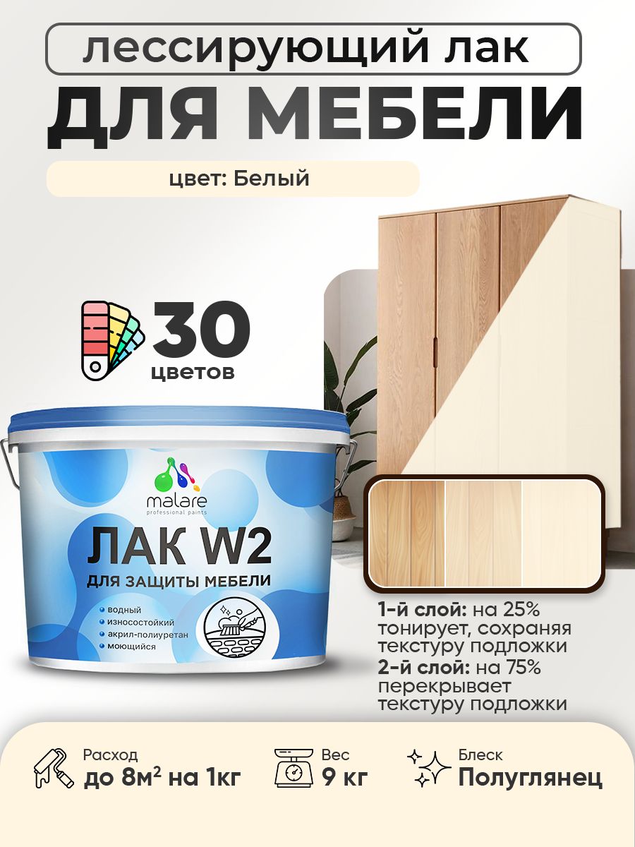 Лак колерованный тонирующий лак для мебели Malare W2 для кухонных фасадов, для дерева и минеральных поверхностей, акриловый быстросохнущий без запаха, полуглянцевый, белый, 9 кг.