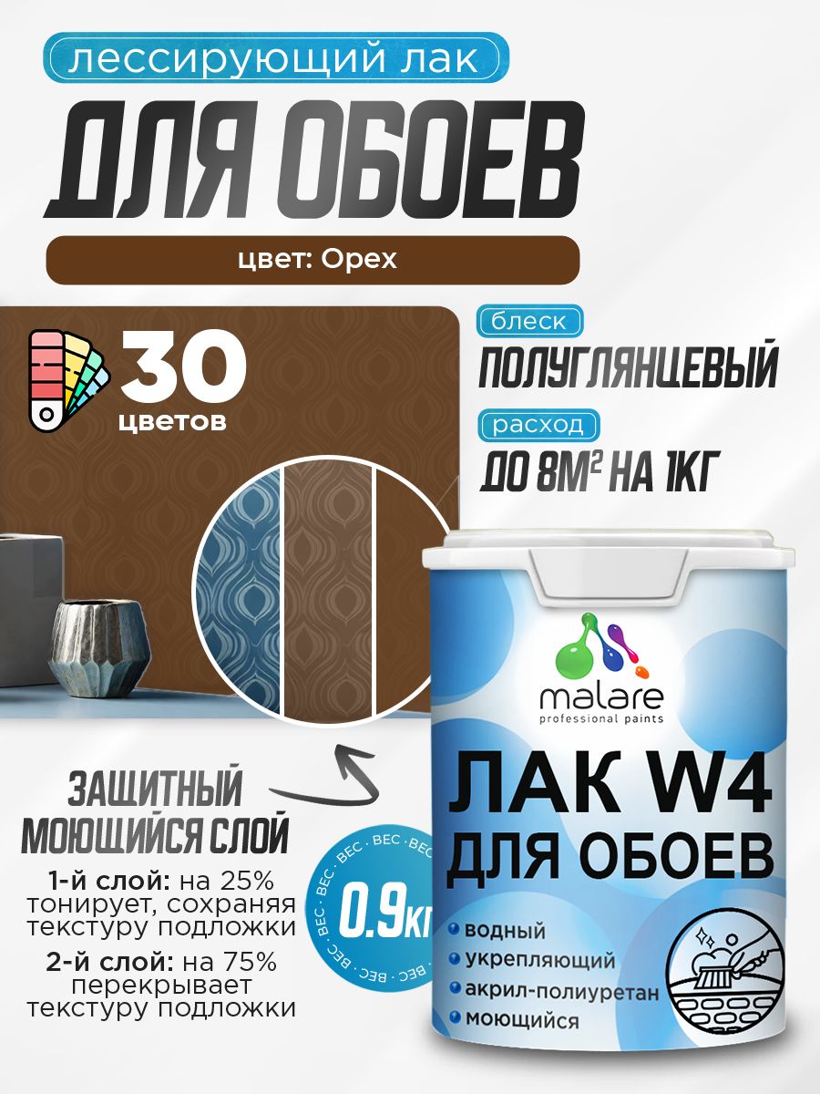 Лак колерованный тонирующий для защиты обоев Malare W4 универсальный для дерева и минеральных поверхностей, водный без запаха быстросохнущий, полуглянцевый, орех, 0.9 кг.