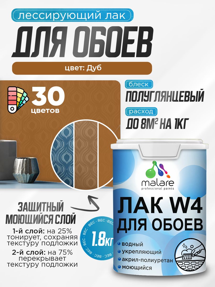 Лак колерованный тонирующий для защиты обоев Malare W4 универсальный для дерева и минеральных поверхностей, водный без запаха быстросохнущий, полуглянцевый, дуб, 1.8 кг.