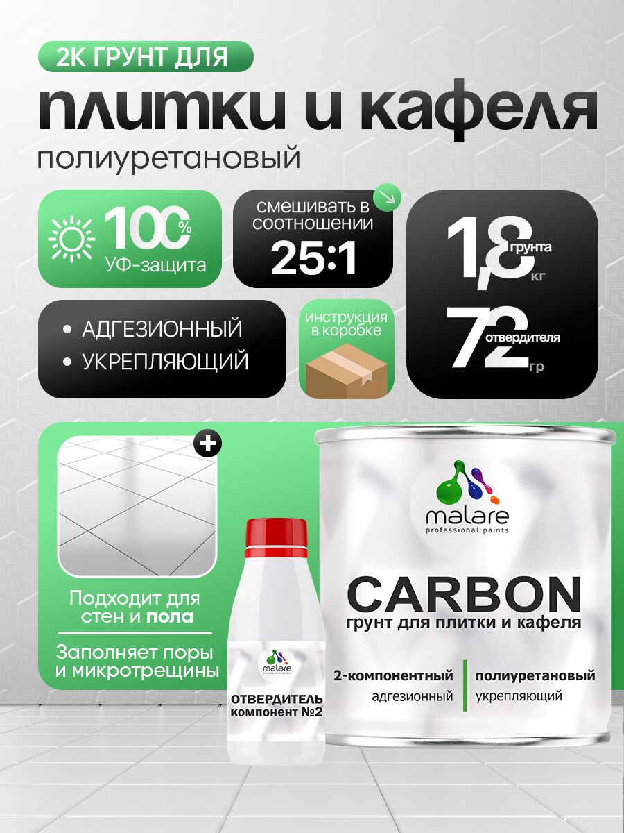 2К Полиуретановый грунт Malare CARBON для плитки, двухкомпонентный адгезионный влагостойкий выравнивающий высокопрочный износостойкий укрепляющий эластичный (1.8 кг + 70 гр отвердитель)