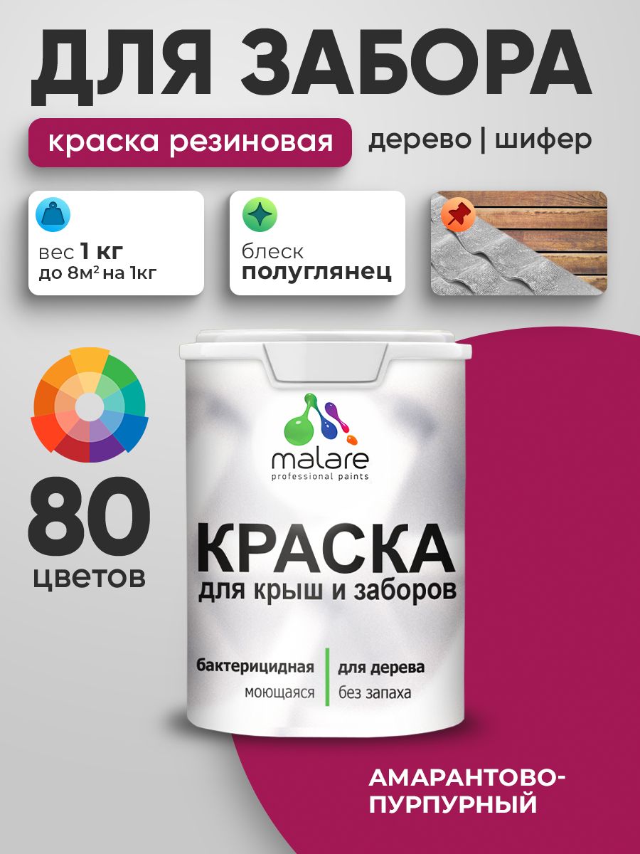 Резиновая краска Malare для деревянного забора/ по дереву для наружных и внутренних работ/ быстросохнущая моющаяся без запаха полуглянцевая, амарантово-пурпурный, 1 кг.