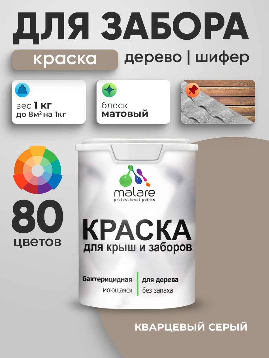 Акриловая краска Malare для деревянного забора/ по дереву для наружных и внутренних работ/ быстросохнущая моющаяся без запаха, матовая, кварцевый серый, 1 кг.