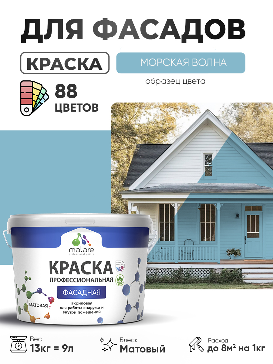 Краска фасадная для наружных работ Malare Professional для дерева по бетону, для минеральных поверхностей, акриловая быстросохнущая без запаха, матовая, морская волна, (9л - 13кг)