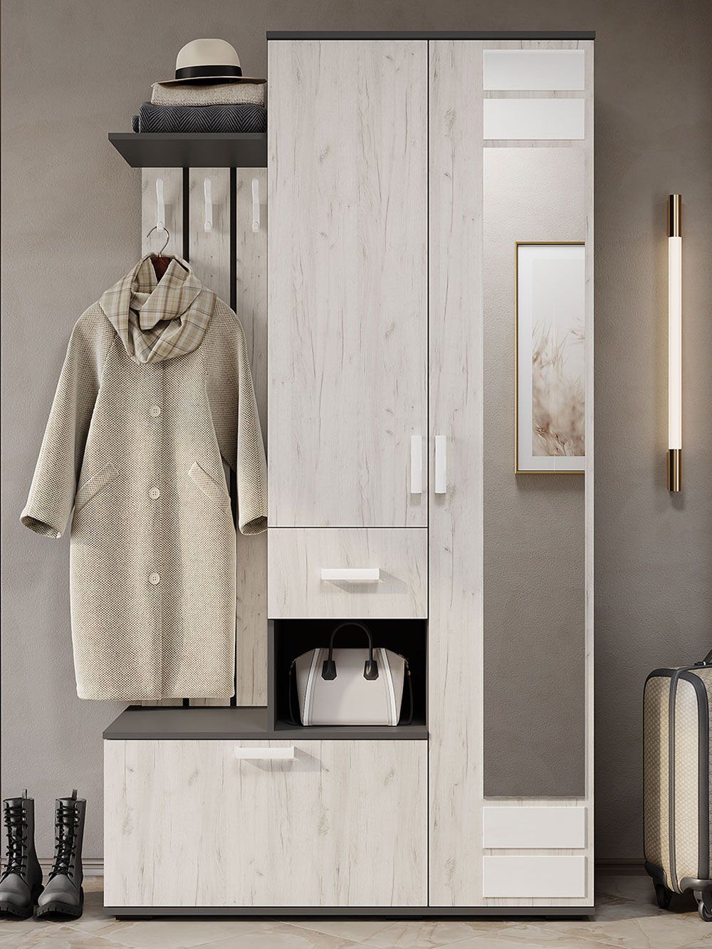ПрихожаякомплектЛирасвешалкой,сошкафом,собувницей,сзеркалом,120.2х52.4х217.6см,Графит/ДубКрафтбелый