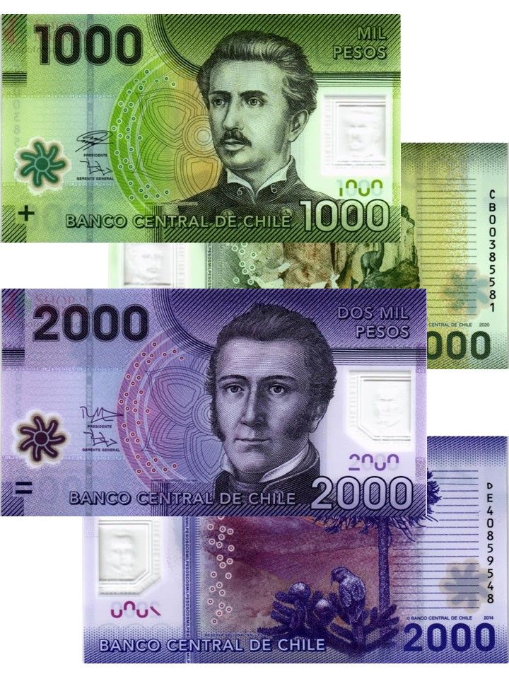 Набор2банкнотыЧили1000-2000песо2014-2020год,полимерные,UNC