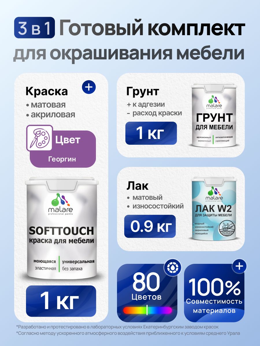 Комплект Malare SoftTouch для окрашивания мебели (1кг грунт + 1 кг краска + 0.9кг лак), акриловый, без запаха, быстросохнущий, матовый, цвет георгин