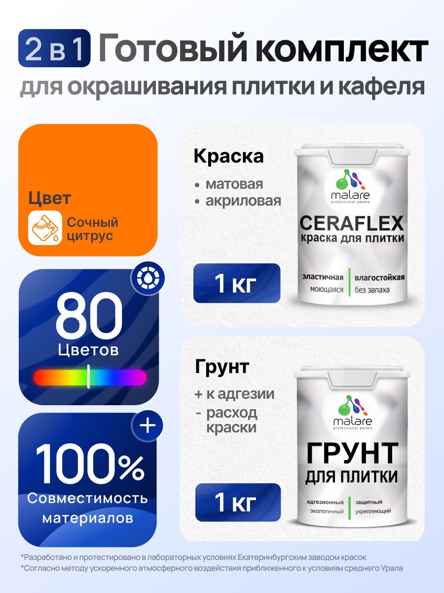 Комплект Malare LIPPO для окрашивания плитки и кафеля (1кг грунт + 1 кг краска), акриловый, без запаха, быстросохнущий, матовый, цвет сочный цитрус
