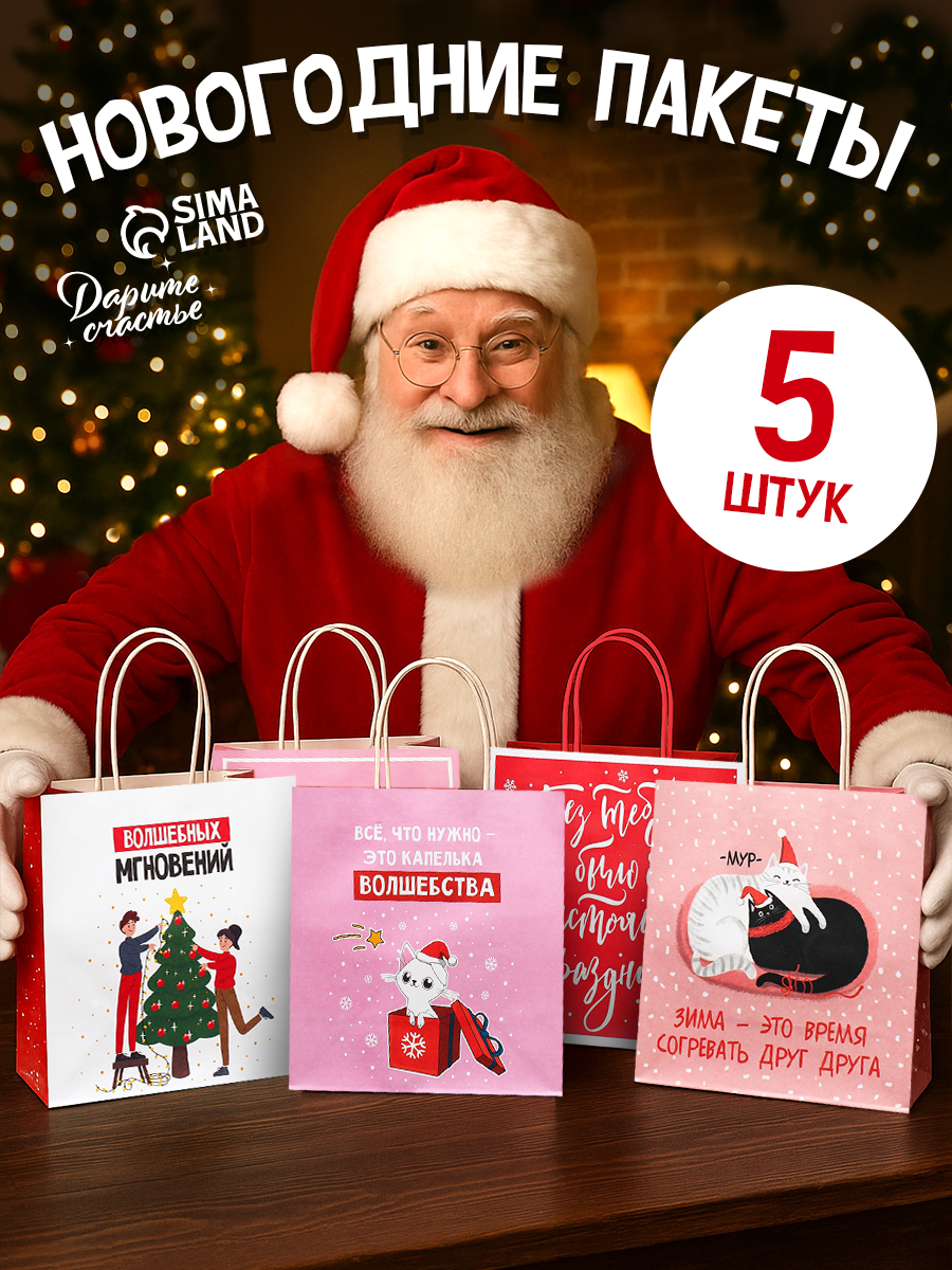 Пакеты подарочные новогодние. набор 5 шт, 22 х 22 х 11 см