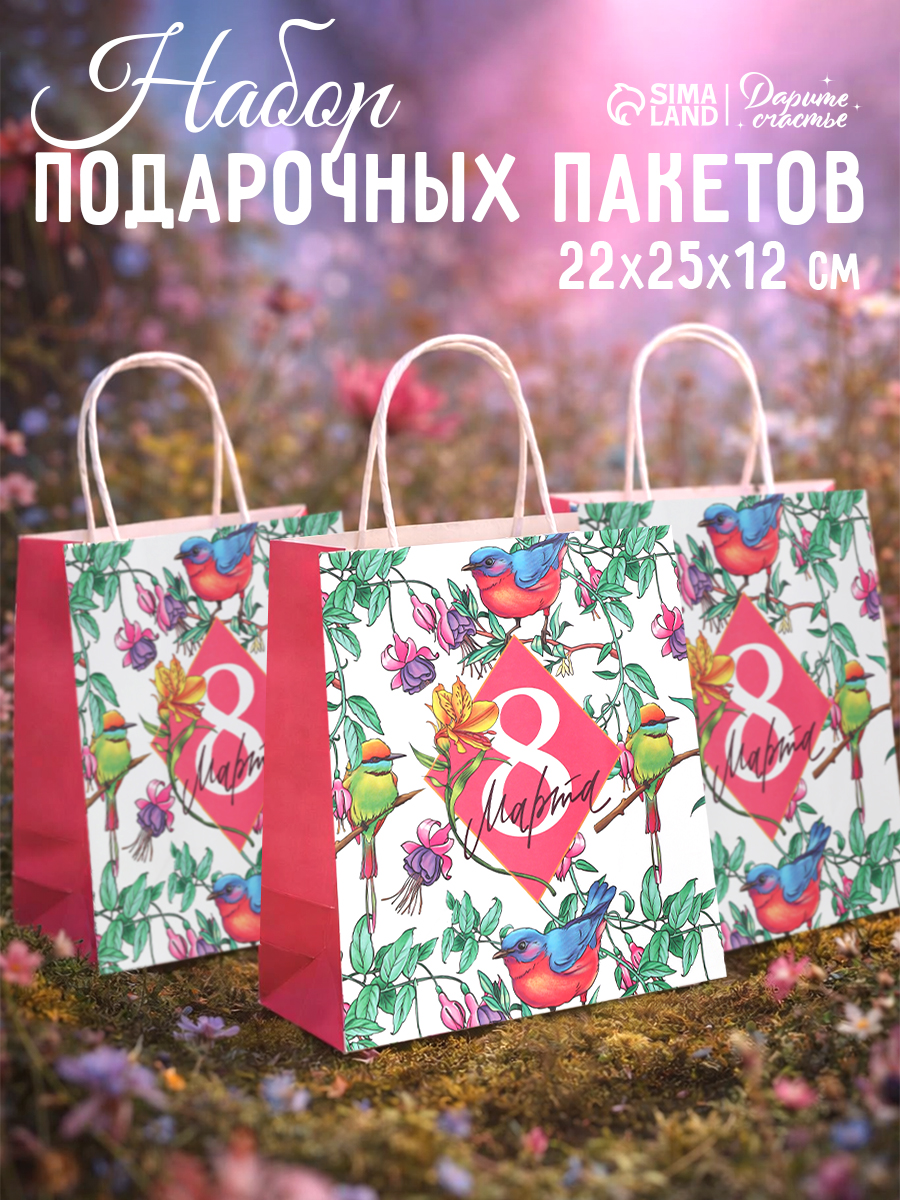 Пакеты подарочные на 8 марта, набор 3 шт, 22 х 25 х 12 см
