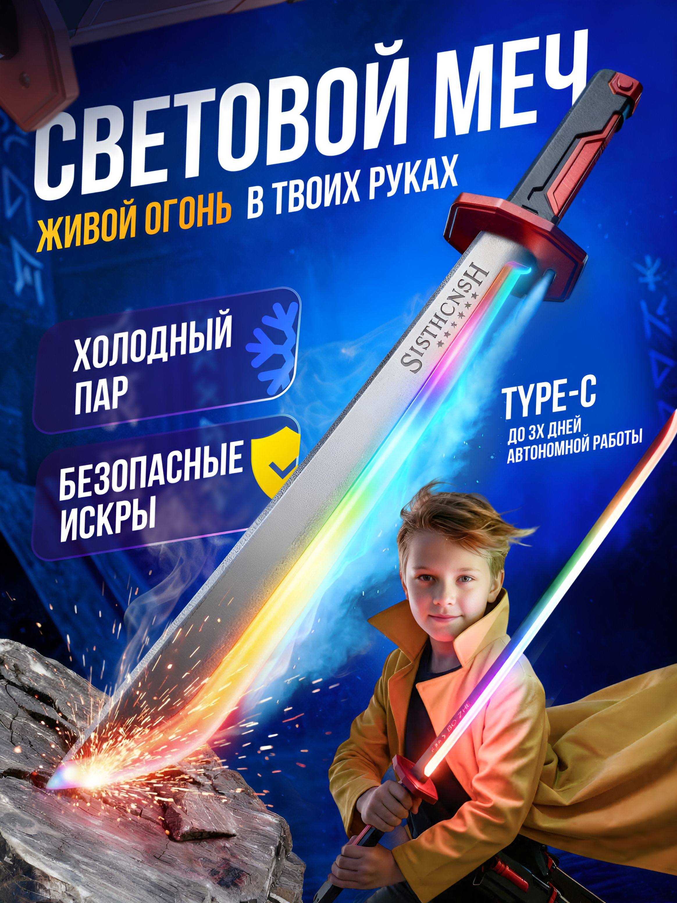 Световоймечдетскийигрушечныйсискрамиидымом