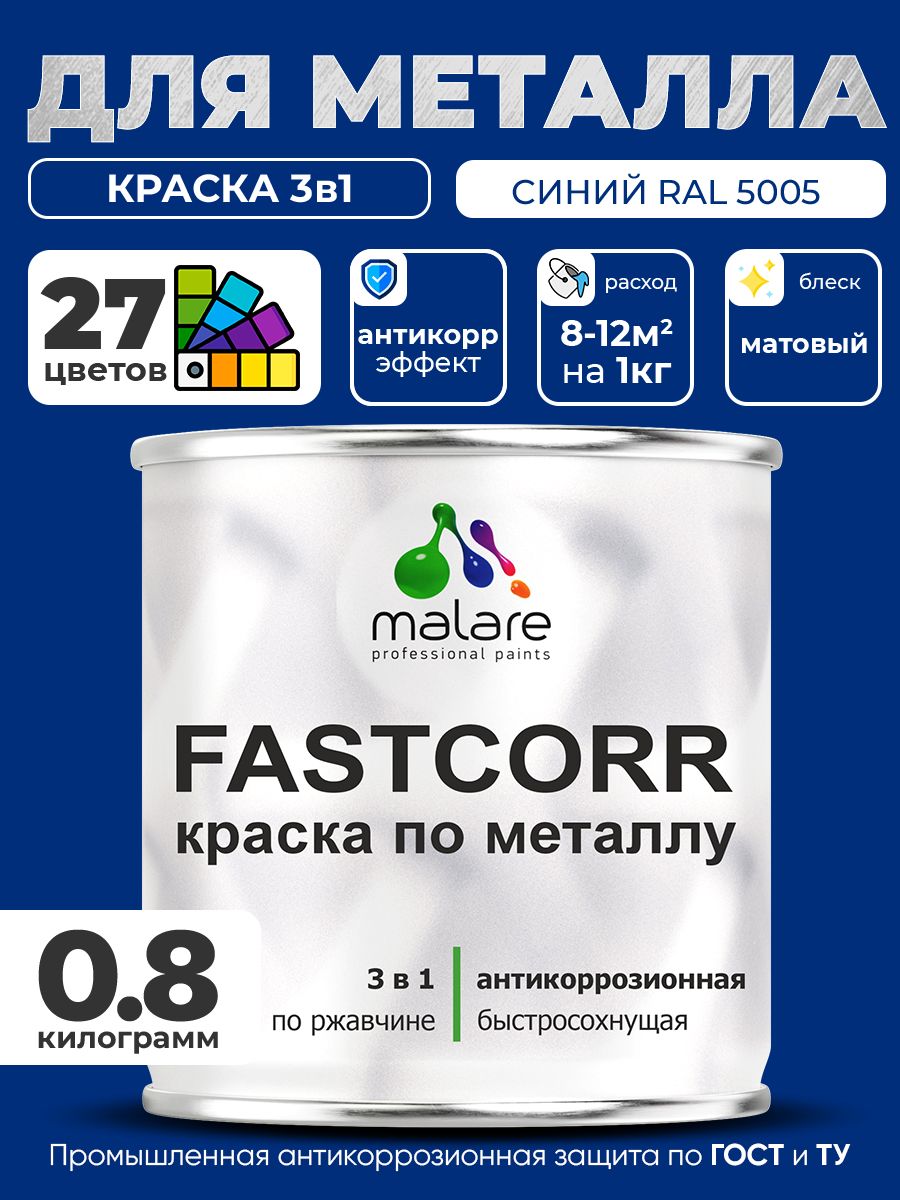 Краска для металла по ржавчине Malare FastCorr, для наружных работ износостойкая, быстросохнущая RAL 5005 синий, матовая, 0,8 кг